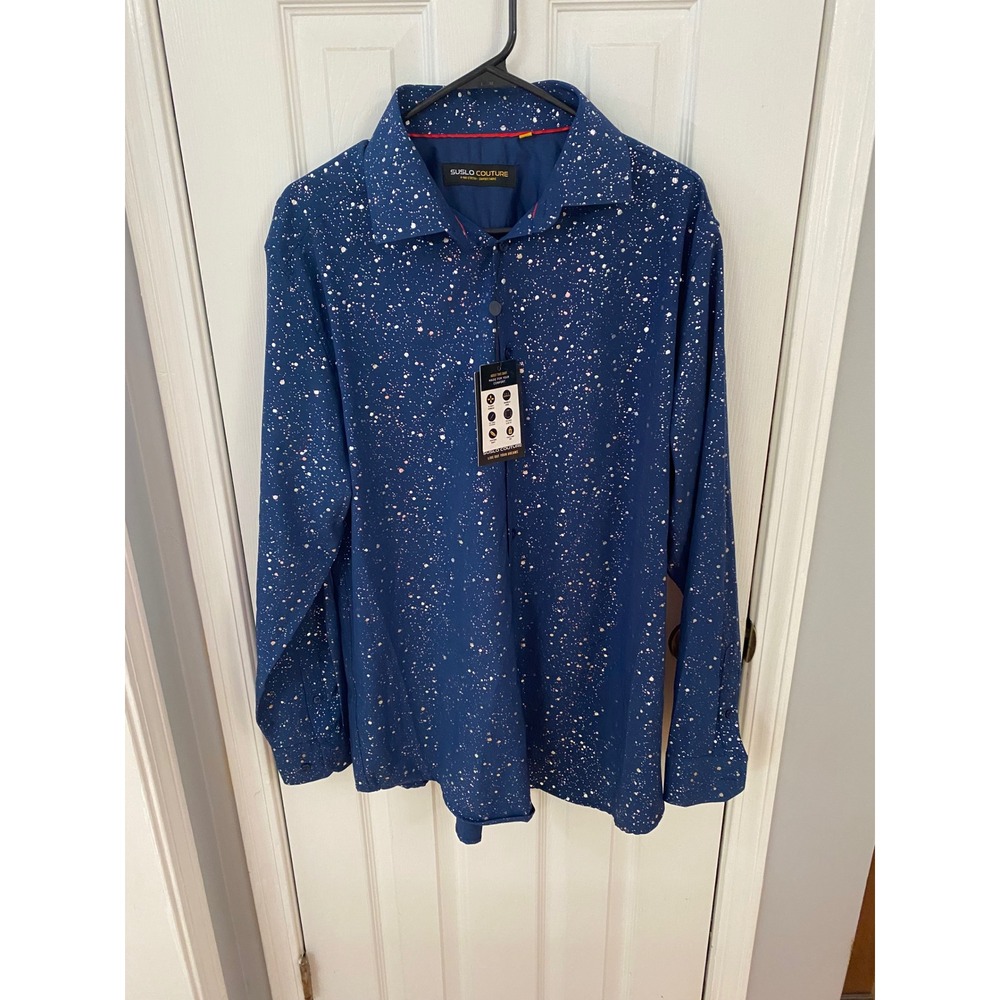 Suslo Couture Button Down Shirt Men XL Navy Blue Metallic Paint Splatter Stretch